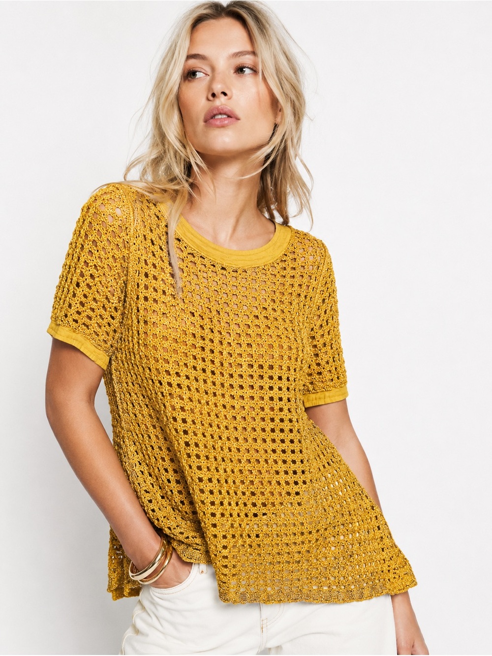 Anthropologie Angel of the North Metallic Crochet Knit Boho Sweater Top Yellow M